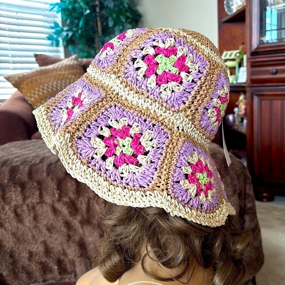 Brand New BCBGeneration Straw Woven Hat Crochet Patchwork Floral Floppy Beach - Picture 5 of 15
